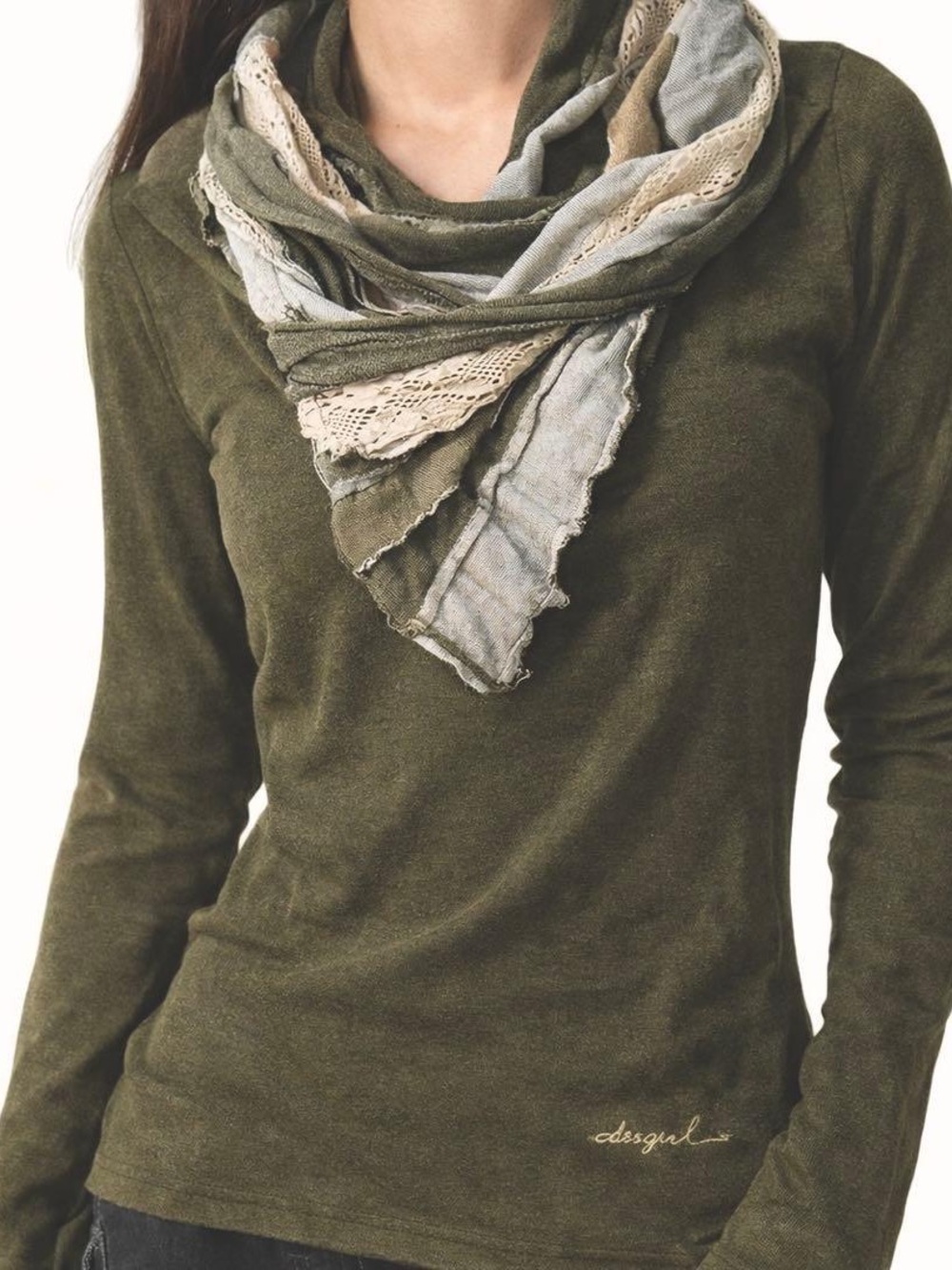 Desigual Cowl Neck Khaki Olive Green Knit Sweater M Cotton Lightweight Bohemian